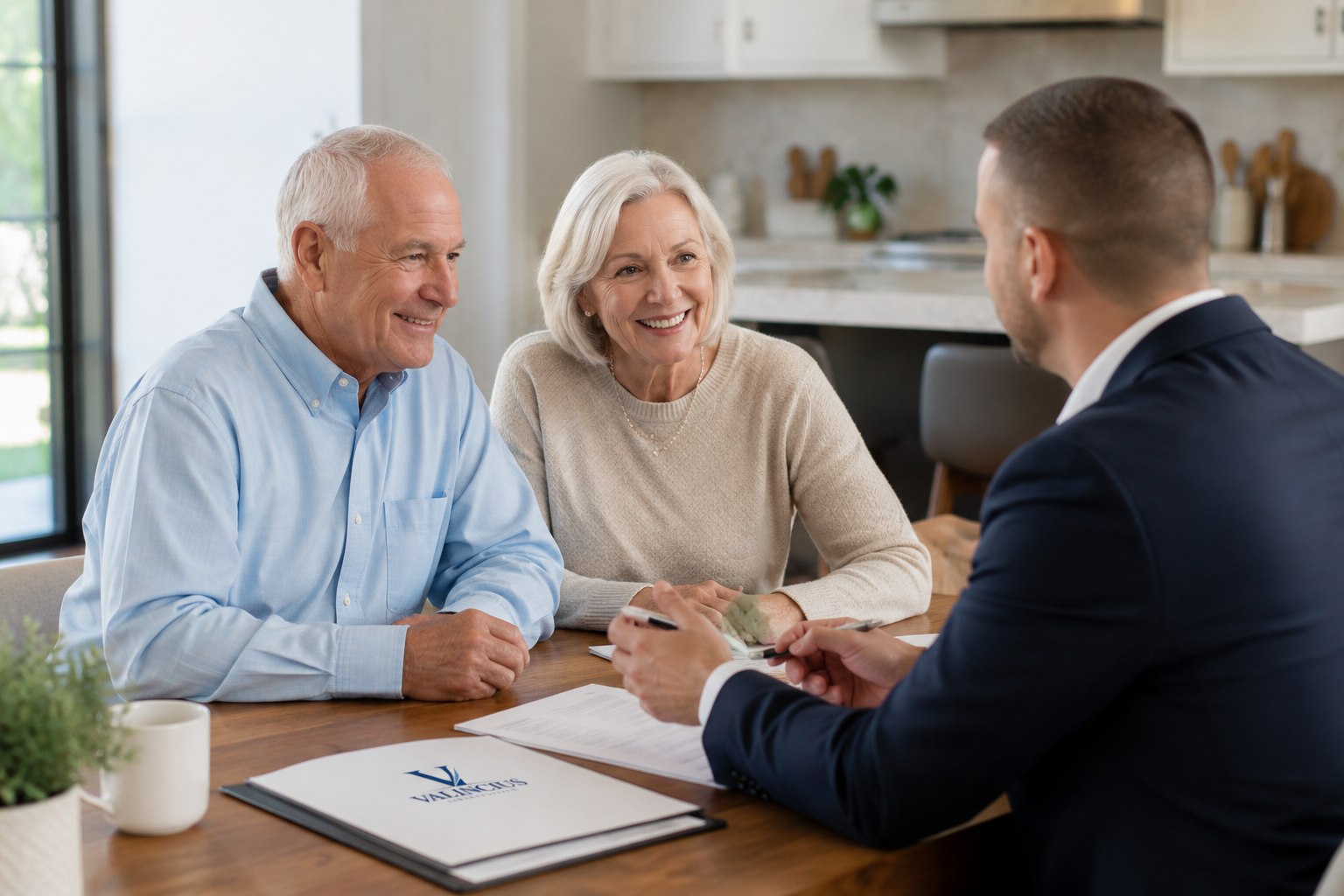 Valincius Insurance broker reviewing Medicare and coverage options with a happy retired couple at home